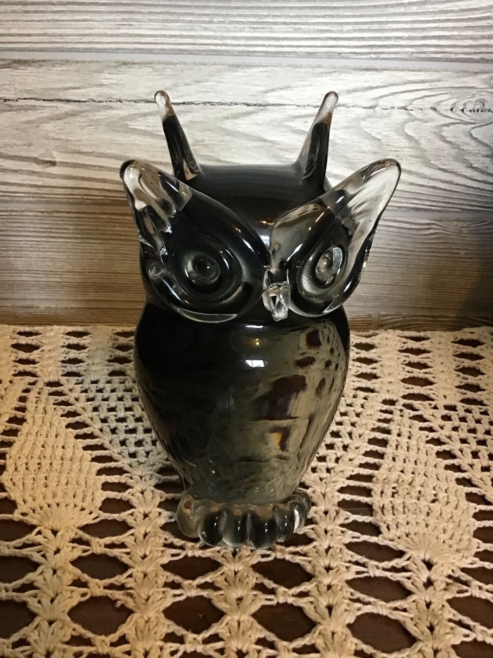 Murano Handblown Glass Owl Figurine in Smoky Black